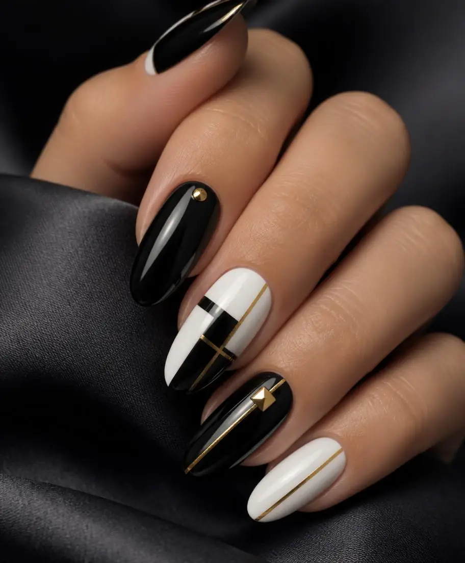 Black, white and gold geometric nail art on almond nails