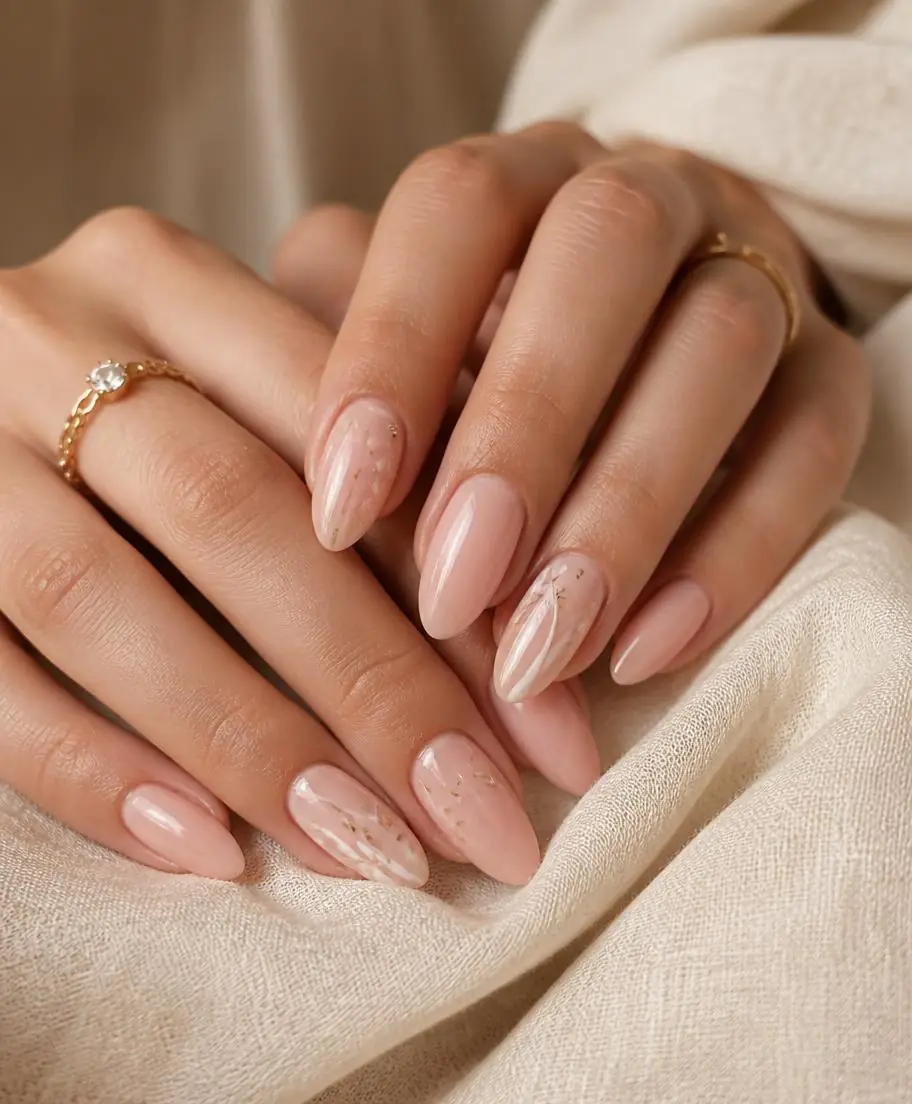 Blush and nude gel nails with delicate floral nail art
