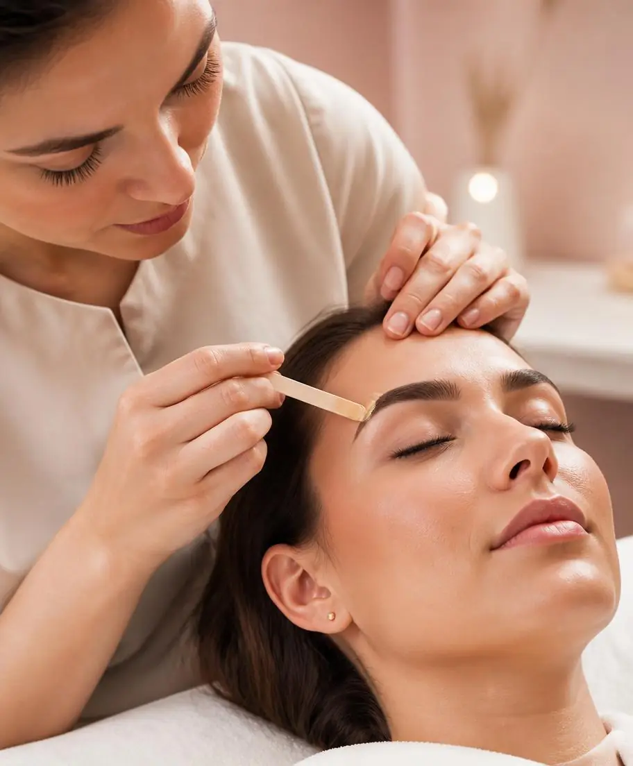 Beauty therapist shaping a client's eyebrow with wax
