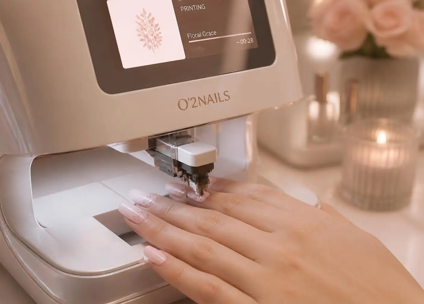 Digital nail art printer printing a floral design onto blush-pink nails