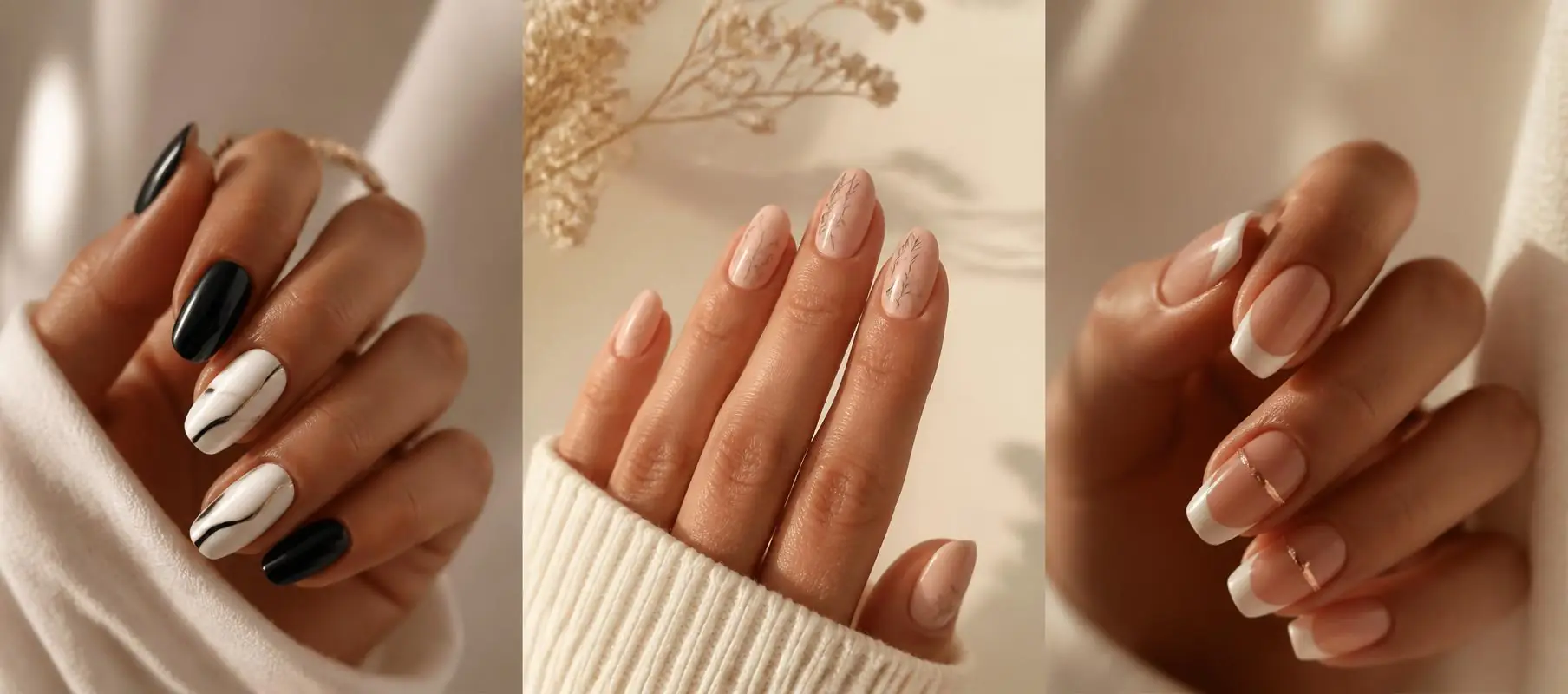 Black and white nail art, blush botanical nails, and soft French nails